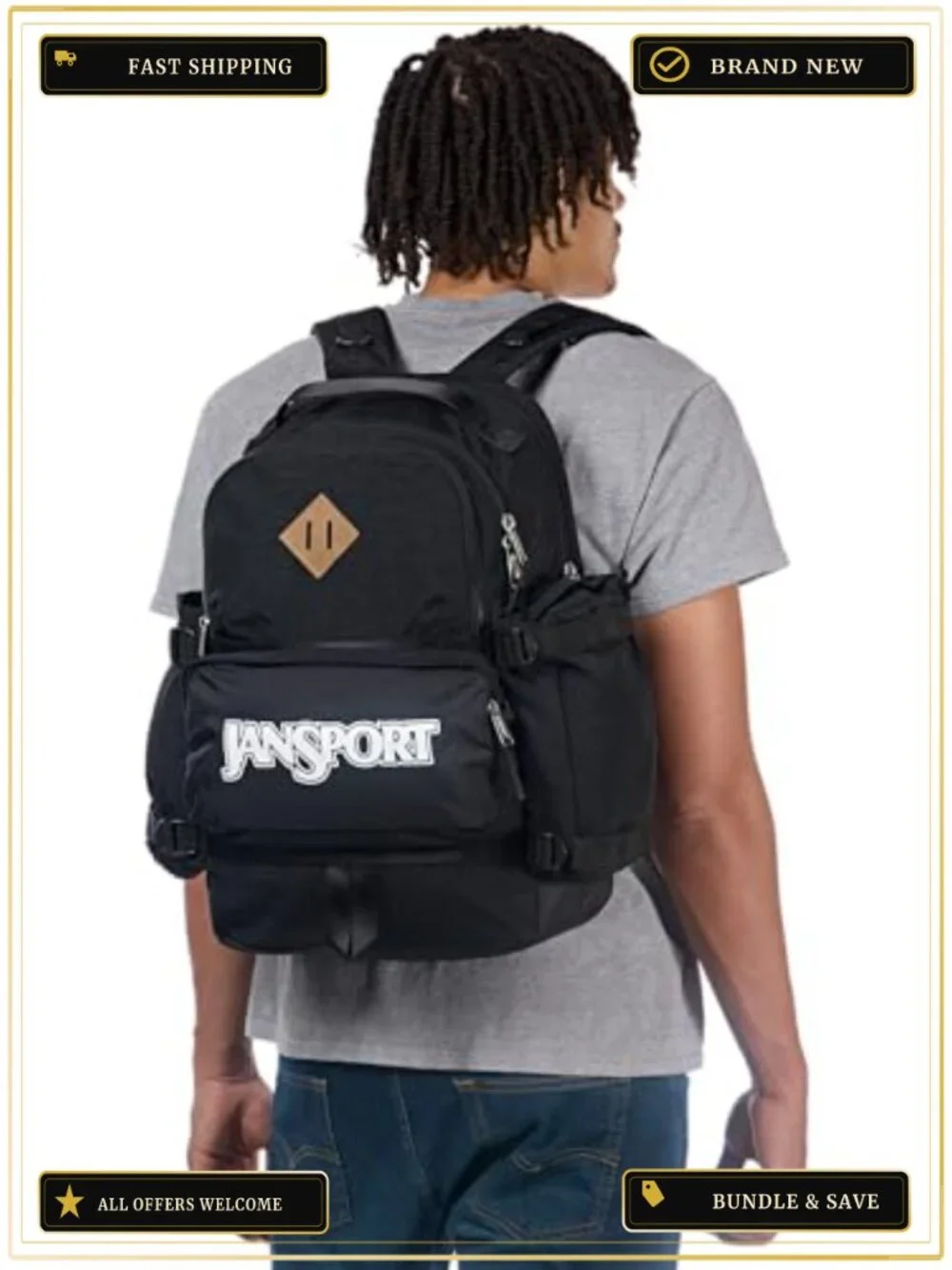 Durable JanSport Daypack Backpack with Laptop Sleeve, Water Bottle Pockets, 34L